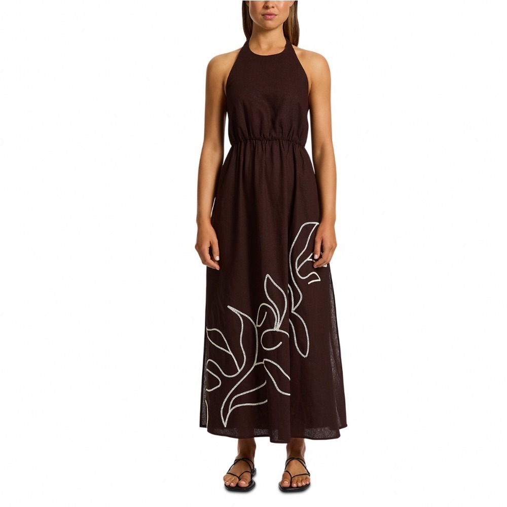 JETS Australia Embroidered Halter Dress Chocolate Brown Linen‎ Blend Size Large